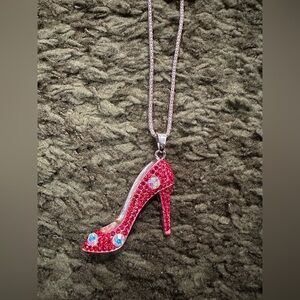 New Betsy Johnson Red High Heel Pendant Necklace Gold Tone